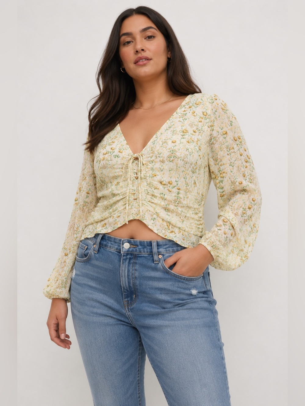 H&M floral ruffle blouse yellow flowers large
